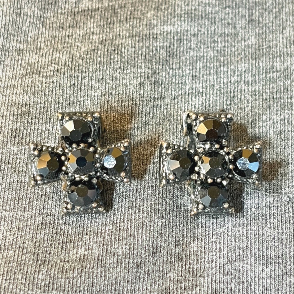 Weiss Earrings Silver Tone Black Rhinestone Vintage Maltese Cross Small